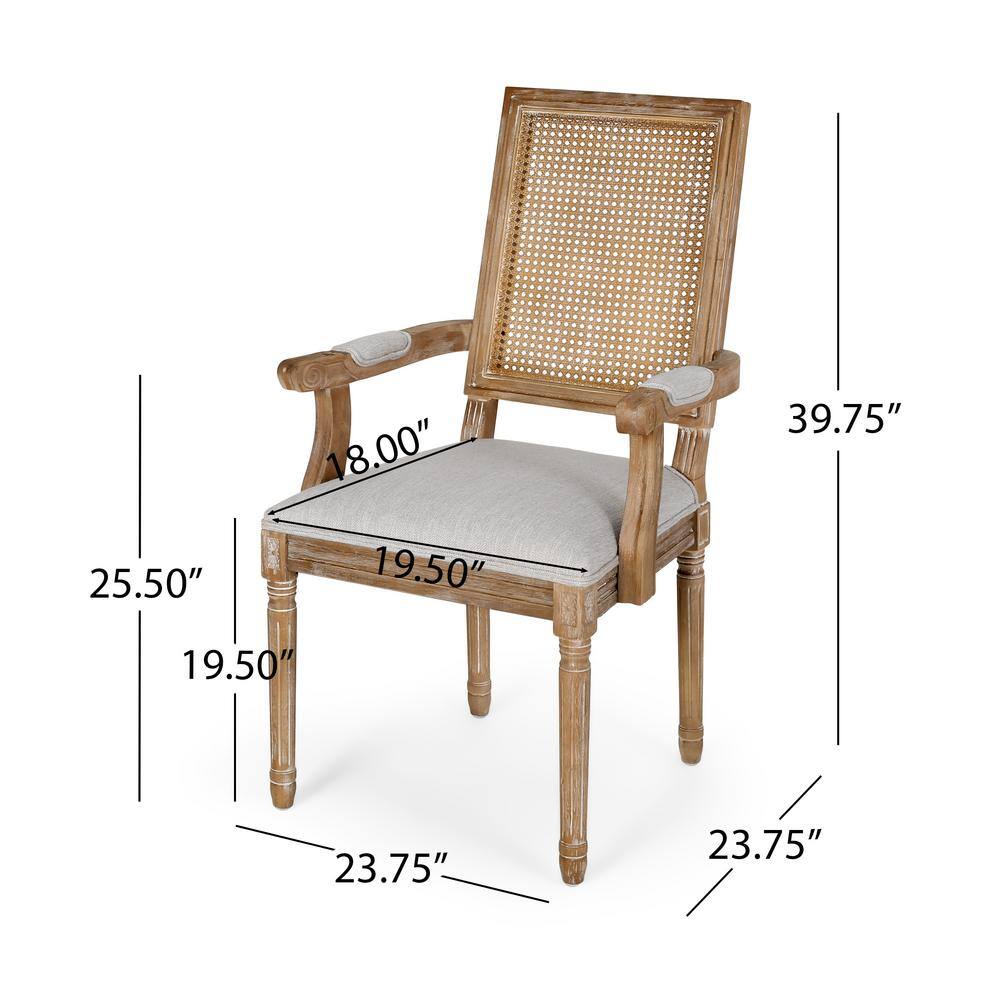Light Gray Upholstered Wood and Cane Arm Chair Set
