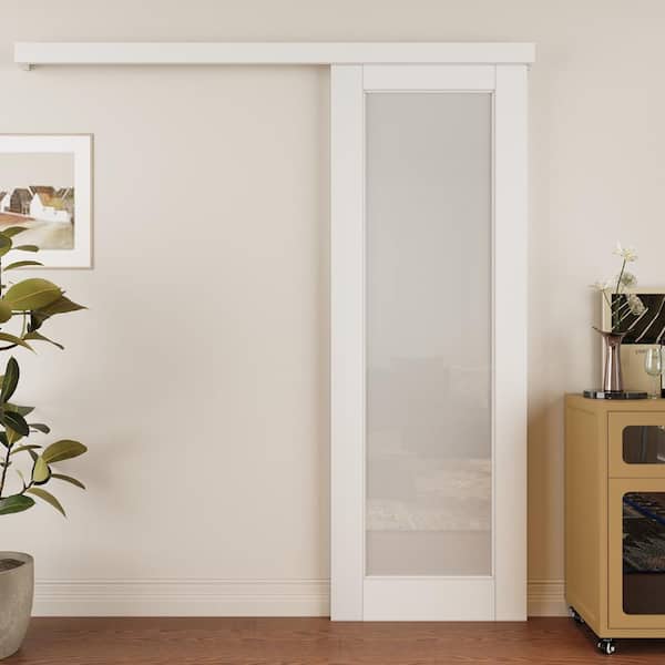 28 in. x 80 in. Hidden Track Style 1 Lite Frosted Glass White Primed MDF Sliding Barn Door with Hardware Kit