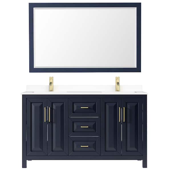 Wyndham Collection Daria 60 in. W x 22 in. D Double Vanity in Dark Blue with Cultured Marble Vanity Top in White with Basins and Mirror