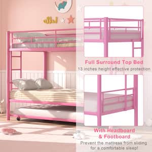Bunk Bed with Trundle, Twin over Twin Metal Bunkbeds with Ladder and Full-Length Guardrail, Noise Free, Pink
