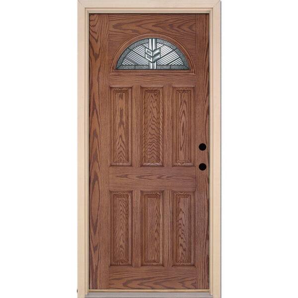 Feather River Doors 37.5 in. x 81.625 in. Phoenix Patina Fan Lite Stained Medium Oak Left-Hand Inswing Fiberglass Prehung Front Door