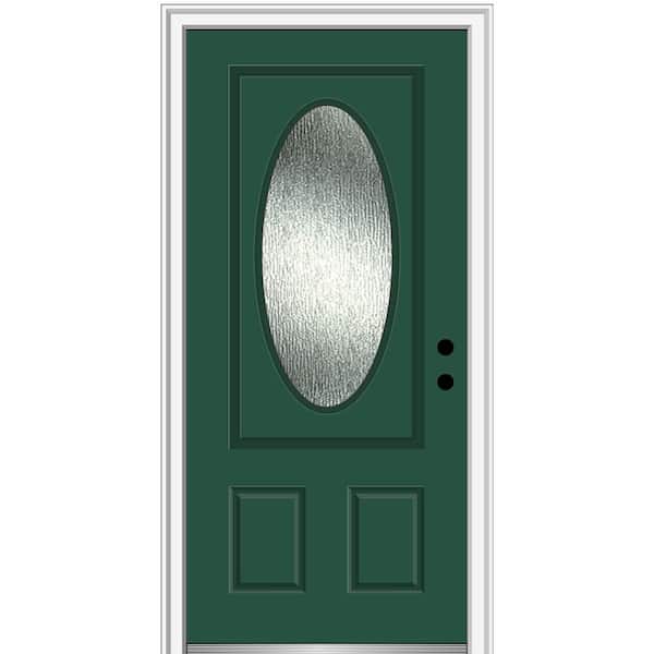 MMI Door 36 in. x 80 in. Left-Hand Inswing Rain Glass Hunter Green Fiberglass Prehung Front Door on 4-9/16 in. Frame