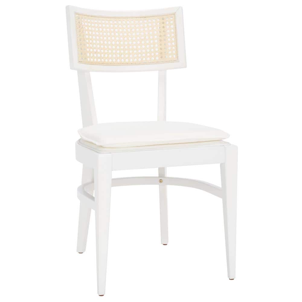White Rubberwood Upholstered Dining Chair with Cane Backrest