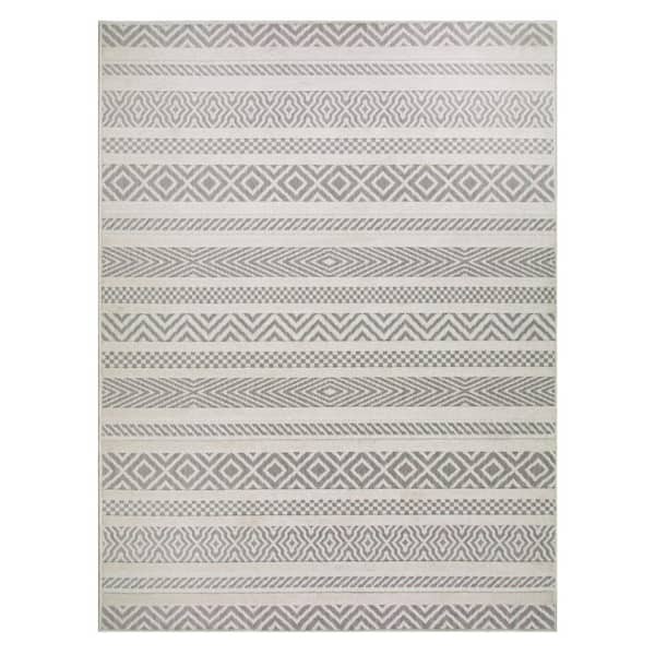 Leick Home Everald Contemporary Gray and Ivory 8 ft. x 10 ft. Striped Polypropylene Indoor/Outdoor Area Rug