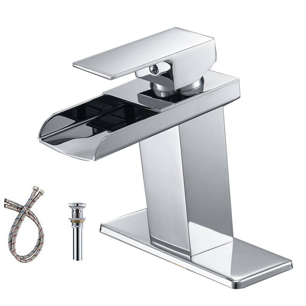 Waterfall Single Hole Single-Handle Low-Arc Bathroom Faucet with Pop-up Dra