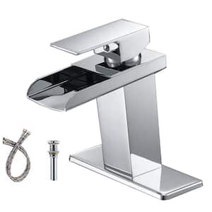 Waterfall Single Hole Single-Handle Low-Arc Bathroom Faucet with Pop-up Drain Assembly and Escutcheon in Polished Chrome