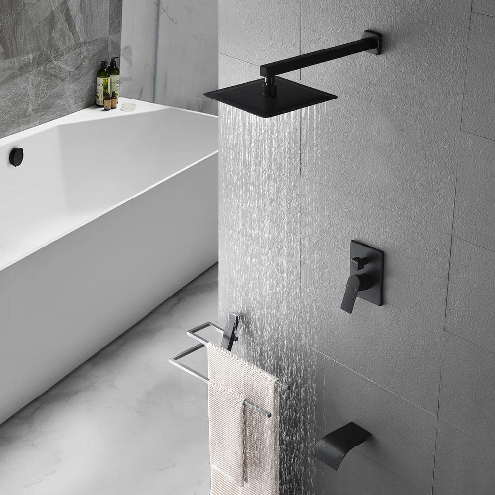 Matte Black Square Rain Shower Faucet Set with Lever Handle
