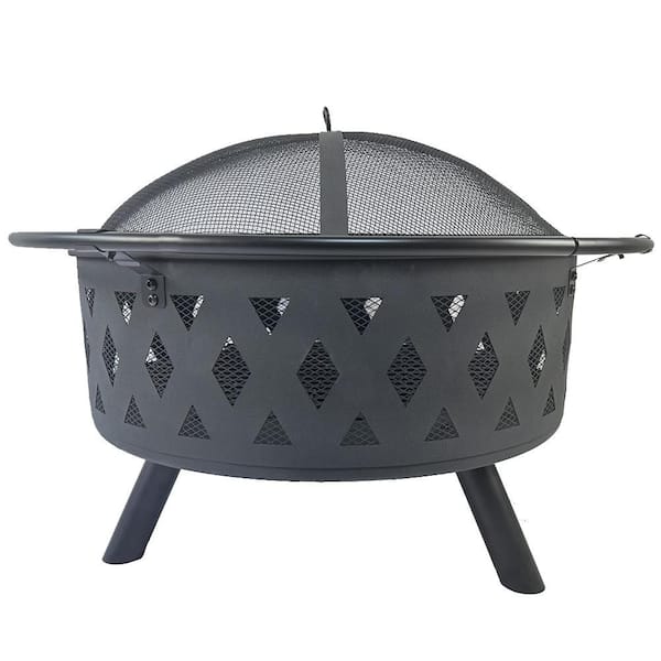 Round Fire Pit with Net Cover, Fire Poker, Diamond Mesh, Metal Wood Burning Outdoor Fire Pit, for Backyards, Gardens
