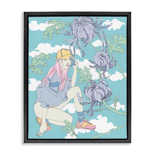 Stupell Industries Chrysanthemums and Workout Girl by Melissa Wang Black Floater Frame People Graphic Art Print 31 in. x 25 in.
