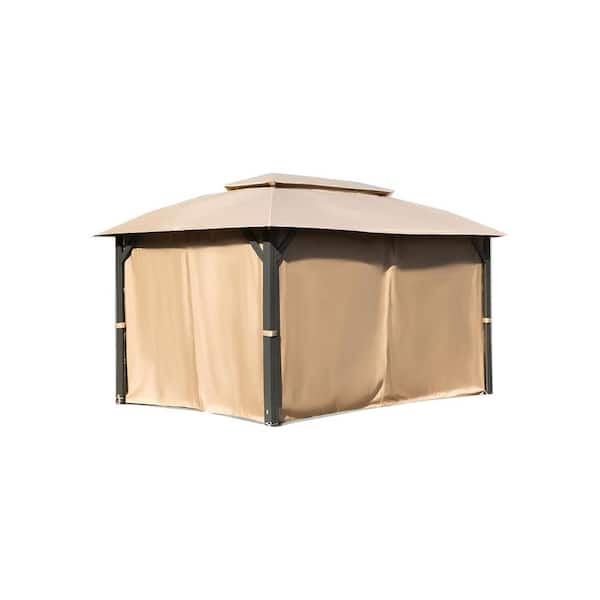JimsMaison 10 ft. x 14 ft. Outdoor Brown Steel Soft-top Gazebos with Fabric Ventilated Double-Roof with Curtains and Netting