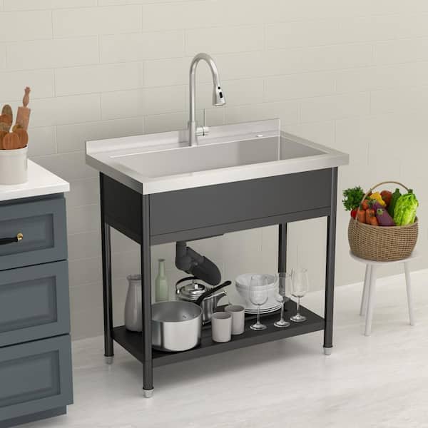 36 in. Black Freestanding Stainless Steel 1-Commercial Utility Sink with Pull-Down Faucet for Laundry Room