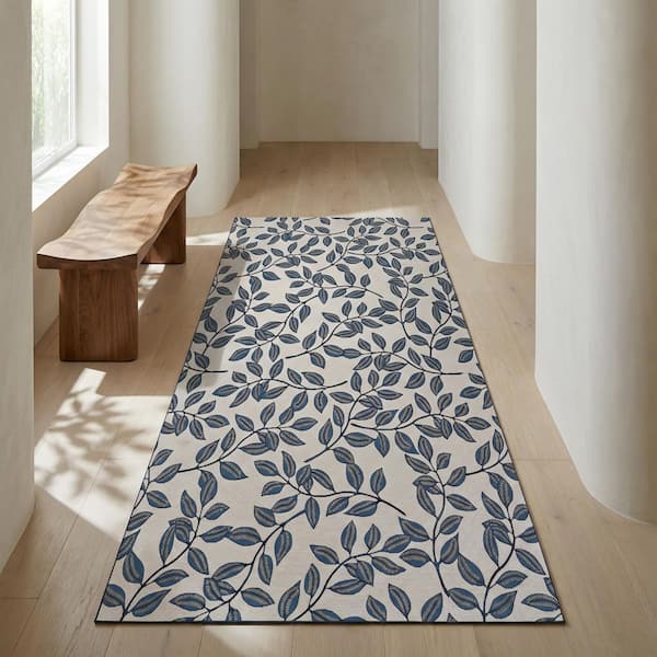 Dolce Summer Ivy Ivory-Slate Blue 2 ft. x 8 ft. Transitional Flatwoven FloralPolypropylene Runner Indoor/Outdoor AreaRug