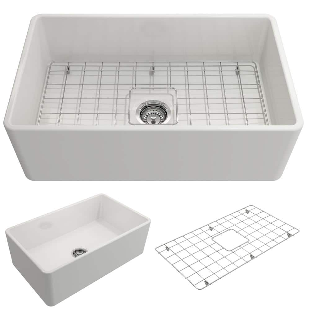 ᐅ【WOODBRIDGE 33 X 18 White Fireclay Single Bowl Farmhouse Apron Front  Kitchen Sink with Strainers and Sink Protector Grid-WOODBRIDGE】