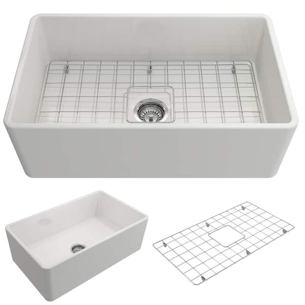 BOCCHI Classico Farmhouse Apron Front Fireclay 30 in. Single Bowl Kitchen Sink with Bottom Grid and Strainer in White