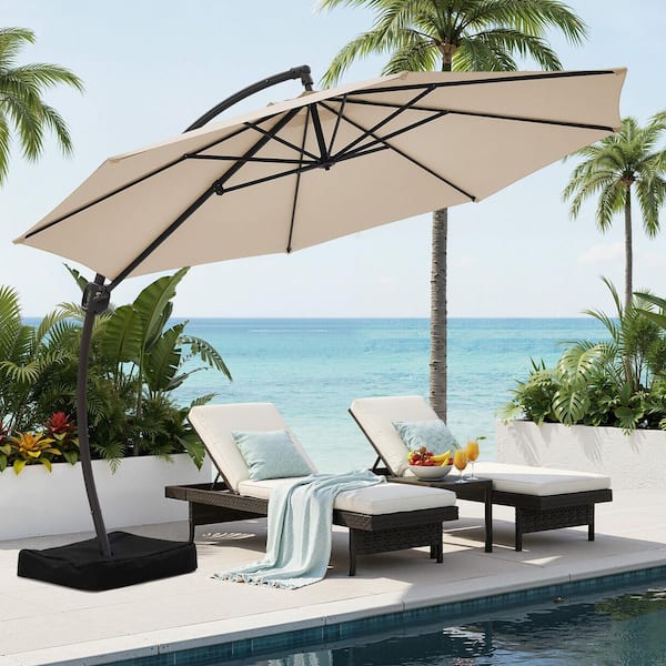 11.5 ft steel cantilever tilt patio umbrella in sand JEAREY 11 ft.Outdoor Cantilever Offset Umbrella Patio Umbrella with Sandbag and Cover in Beige