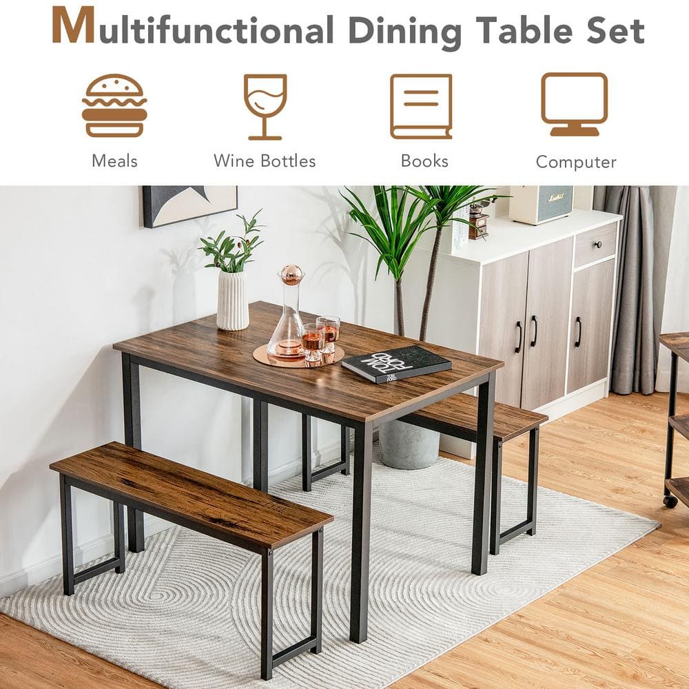 Modern Studio 3-Piece Coffee Dining Table Set with 2 Benches