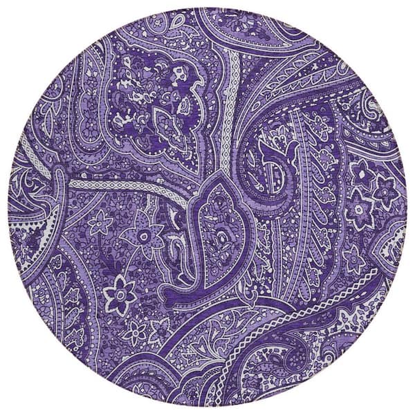 HomeRoots Purple, Lavender, Silver 8 ft. Round Woven Paisley Polyester ...
