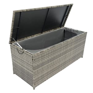 113 Gal. Wicker Outdoor Deck Box with Lid, Patio Cushion Storage Container Bin, Gray