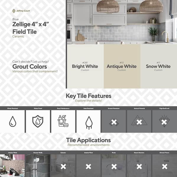 Jeffrey Court Blue Zellige 4 in x 4 in Subway Matte Ceramic Wall