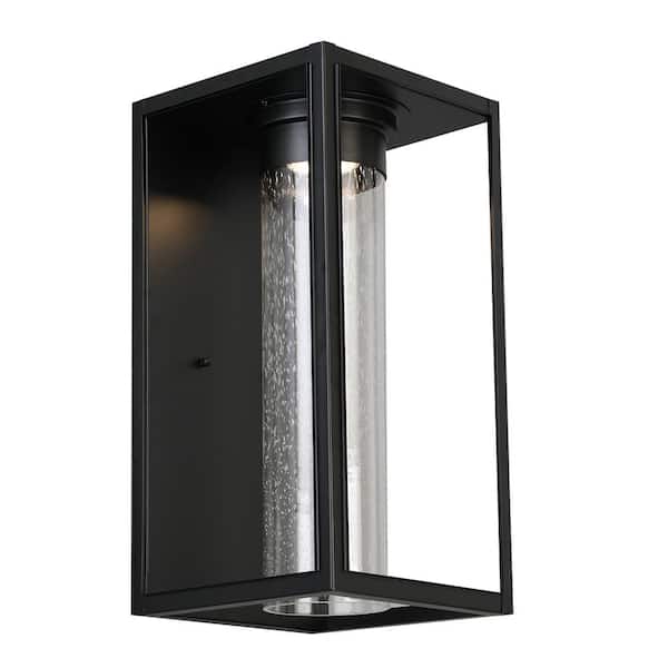 Walker Hill 9.25 in. W x 18 in. H 1-Light Matte Black LED Outdoor Wall Lantern Sconce with Clear Seedy Glass Shade