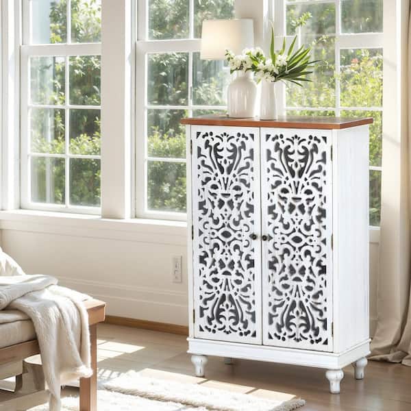PHI VILLA White Hollow-Carved Tall Cabinet with 2-Door