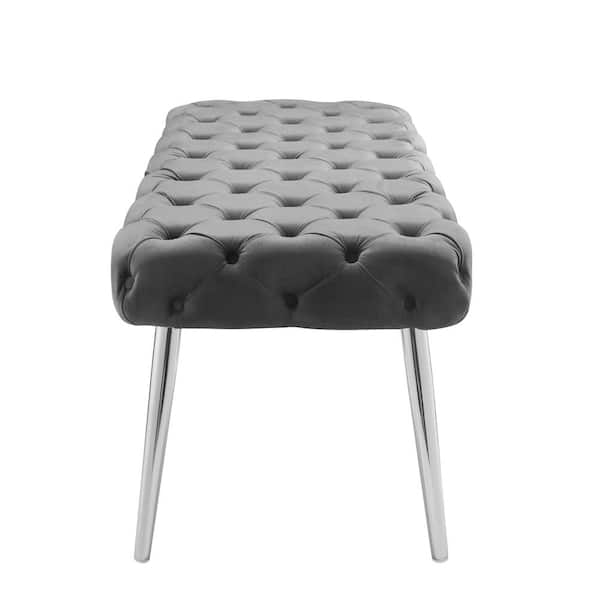 Shannyn Velvet NBH130-02GR-HD Button Miller Home Depot Nicole The with - Tufted Grey/Chrome Leg Metal Bench