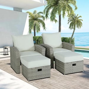 6-Piece Grey Wicker Rattan Patio Outdoor Sectional Set with Coffee Table, Wicker Sofas, Ottomans, Beige Cushions