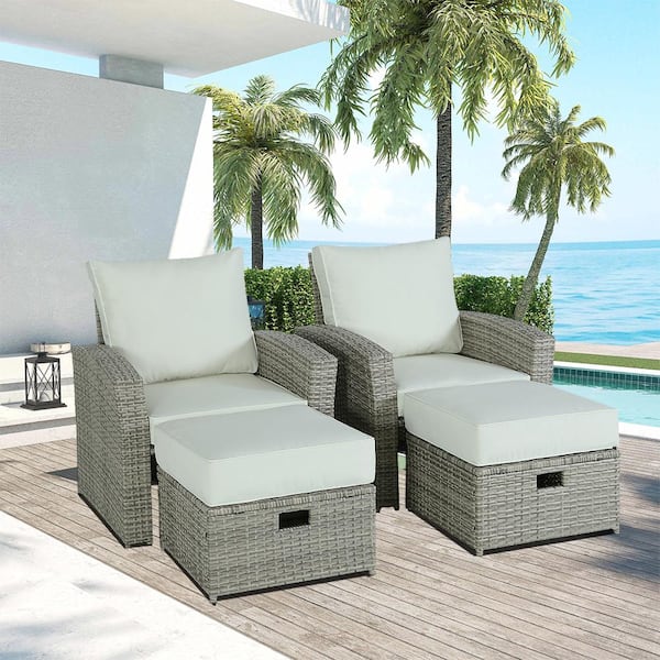 Unbranded 6-Piece Grey Wicker Rattan Patio Outdoor Sectional Set with Coffee Table, Wicker Sofas, Ottomans, Beige Cushions