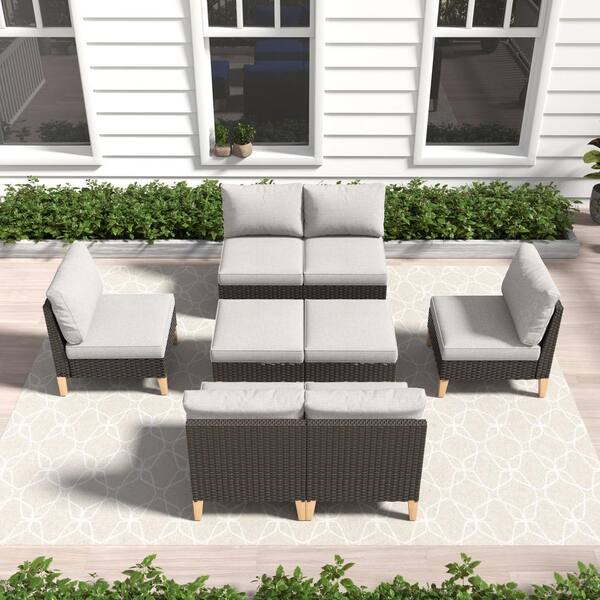 Gymojoy Chic Relax Brown 8-Piece Wicker Outdoor Sectional with Beige Cushions