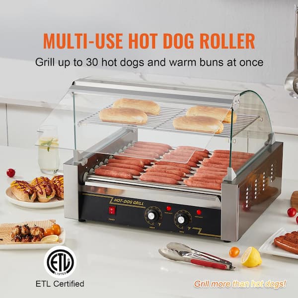 Hot Dog Roller, 11 Rollers for 30 Hot Dogs, 1650 W Stainless Sausage Grill with Dual Temp Control, Acrylic Cover Silver