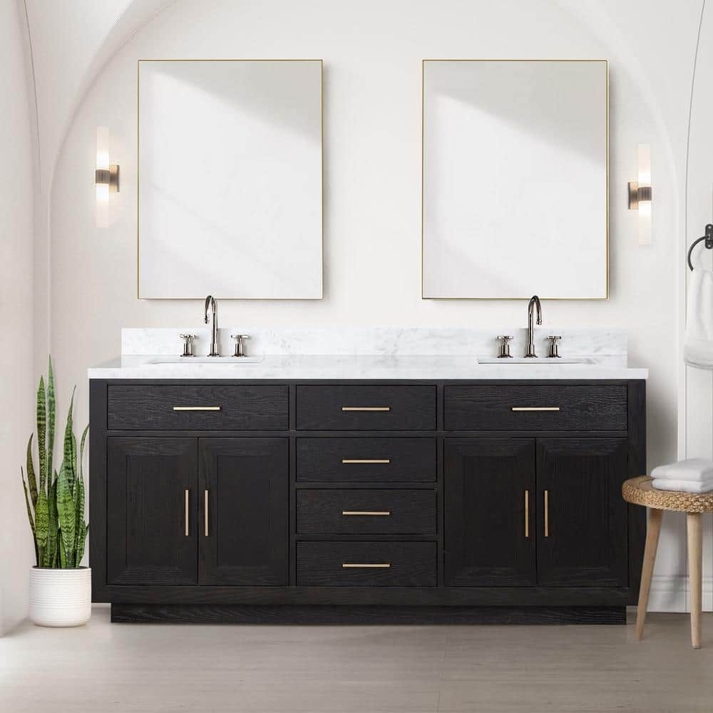 Lexora Condor 72 in W x 22 in D Black Oak Double Bath Vanity, Carrara ...