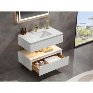 36 in. W Modern Floating Double Layer Bath Vanity in White with Light Band, Sink, Drawer, White Cultured Marble Top