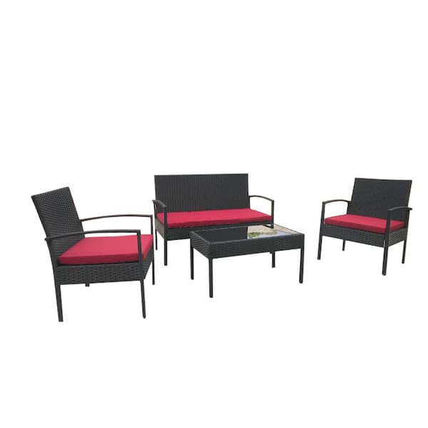 Amucolo 4-Piece Metal Patio Furniture Set Outdoor Garden Patio Conversation Sets with Red Cushion
