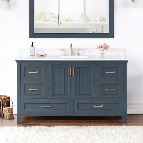 Altair Isla 60 in. W x 22 in. D x 34.5 in. H Single Sink Bath Vanity in Classic Blue with Composite Stone top in White