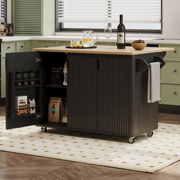 Black Wood 51 in. Rolling Kitchen Island Kitchen Cart with Drop Leaf and Adjustable Shelf