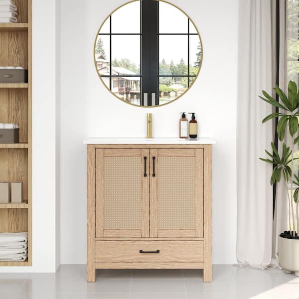 30 in. Single Sink Freestanding Weathered Tan Bath Vanity with Natural Rattan Detail and White Ceramic Top (Assembled)