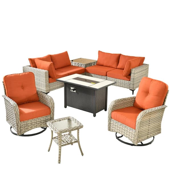 Savona 9-Piece Wicker Outdoor Patio Conversation Sofa Sectional Seating Set with Metal Fire Pit and Orange Red Cushions