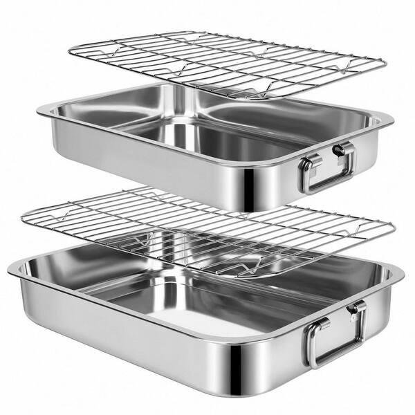 2-Piece Stainless Steel Roasting Pan Set with Handles, Baking Pan for Oven with 2 Pcs Flat Racks, Dishwasher Safe