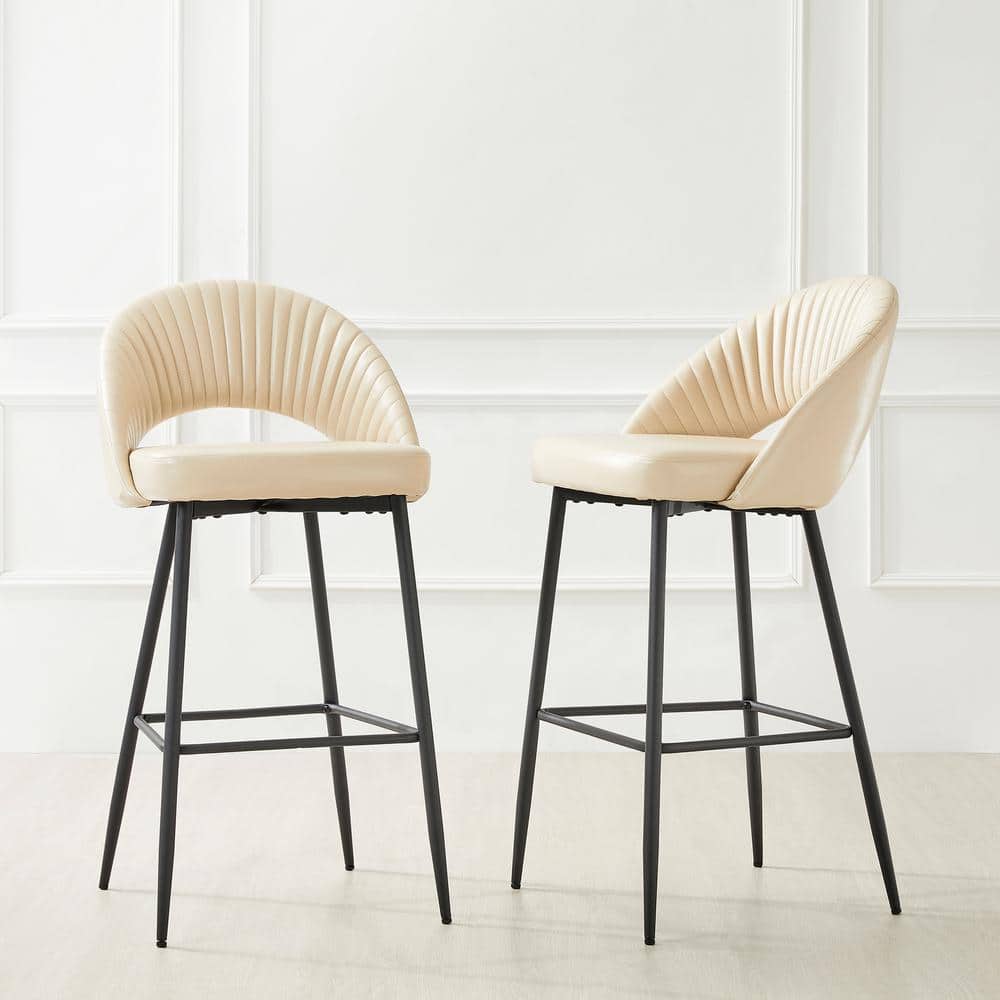 Set of 2 Cream Quilted Leatherette Bar Stools with Metal Legs