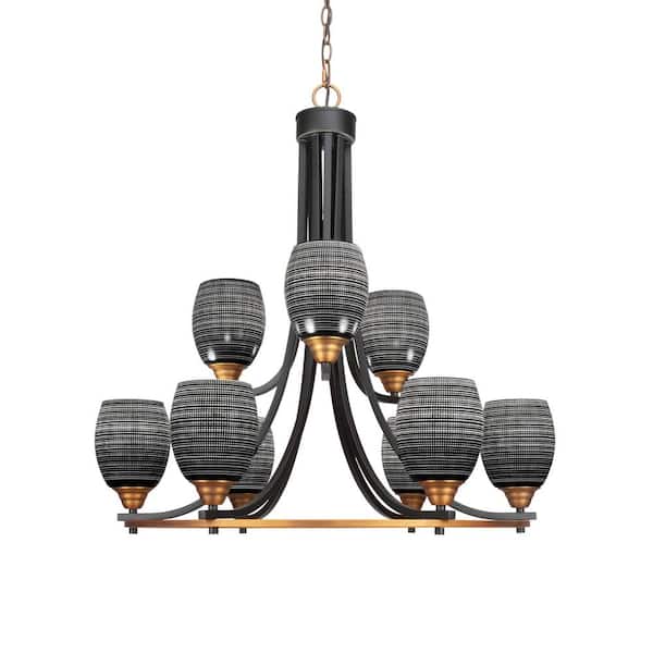 Unbranded Madison 9-Light Matte Black and Brass Round Chandelier with 5 in. Black Matrix Glass Shades, No bulbs included