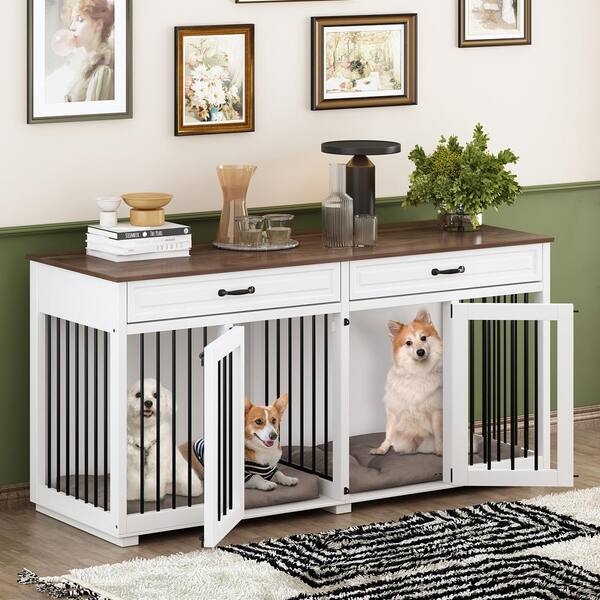 WIAWG Wooden Indoor Dog Crate Furniture Large Dog Cage Kennel with 2 Drawers and Divider for Medium or 2 Small Dogs White Y THD 150161 01 ccc The Home Depot