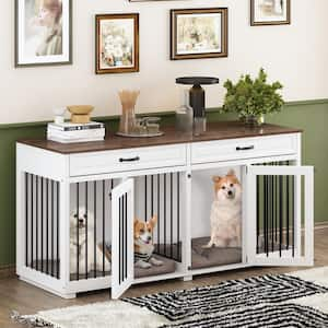 Wooden Indoor Dog Crate Furniture, Large Dog Cage Kennel with 2-Drawers and Divider for Medium or 2-Small Dogs, White