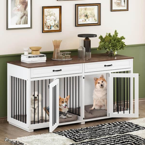 FUFU GAGA Wooden Indoor Dog Crate Furniture Large Dog Cage Kennel with 2 Drawers and Divider for Medium or 2 Small Dogs White Y THD 150161 01 ccc The Home Depot