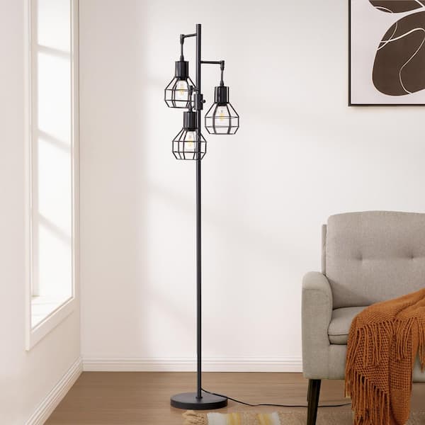 DEWENWILS 65 in. Black Metal 3-Light Dimmable Tree Floor Lamp for Living Room with Metal Cage Shade 3-Bulbs Included