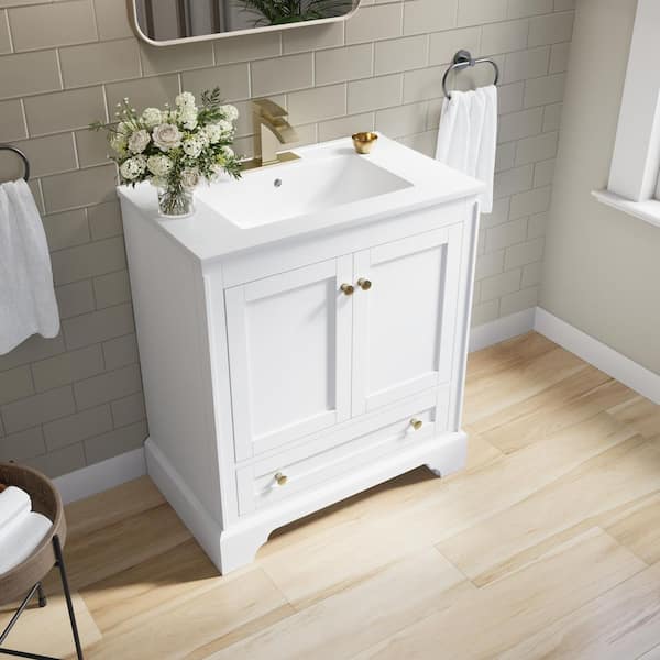 Modern 30 in. Solid Wood Single Sink Freestanding White Bath Vanity with White Ceramic Top