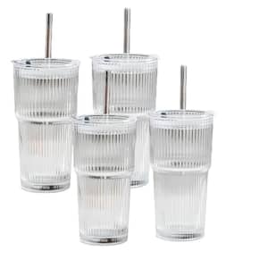 Adrinfly 16 oz. Clear Shaped Drinking Glass Set with Bamboo Lids, 4 Straw  and 2 Cleaning Brush (4-Pack) SNSA01-1KI016 - The Home Depot
