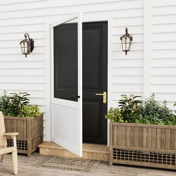 36 in. x 80 in. Universal Solid Pine Wood Screen Door with Lock-Primed White Finish and Gauze Mesh, Hinged Panel Style
