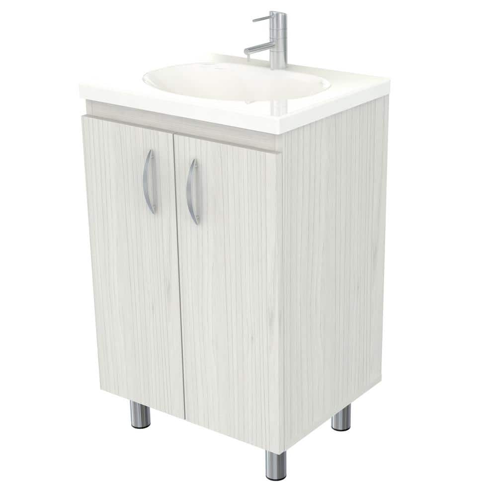 Washed Oak Freestanding Bathroom Vanity with White Sink Bowl
