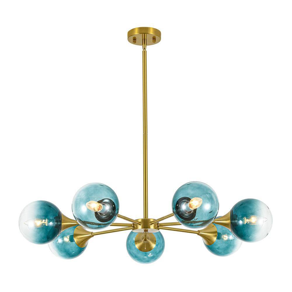 Aureline 33.5 in. 7-Light Modern Brushed Brass Sputnik Chandelier with Blue Glass Bubble Pendant Light price history on PriceWatchPro