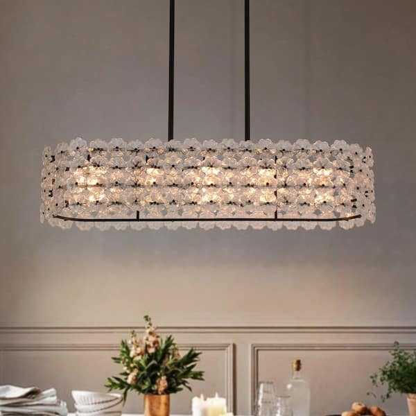 Ccrystal 5-Light 36.2 in.W Matte Black Modern Oval Rectangular Flower Crystal Chandelier for Living Room